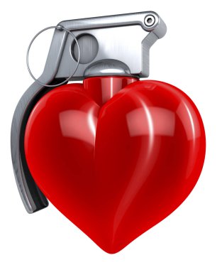 Red, shiny, reflecting heart in shape of a hand grenade, 3d rendering on white background clipart