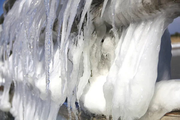 Παγοκρύσταλλοι Ξύλινο Φράκτη Στη Βαλτική Θάλασσα Στη Δυτική Λιμνοθάλασσα Της — Φωτογραφία Αρχείου