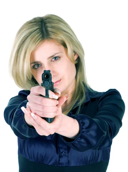 Beautiful Blond Girl Aiming Gun Camera — ストック写真