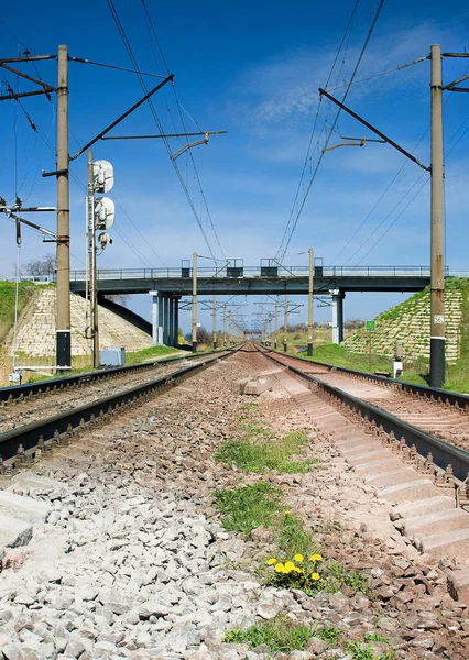 Spoorweg Die Door Een Groen Met Blauwe Lucht Loopt — Stockfoto