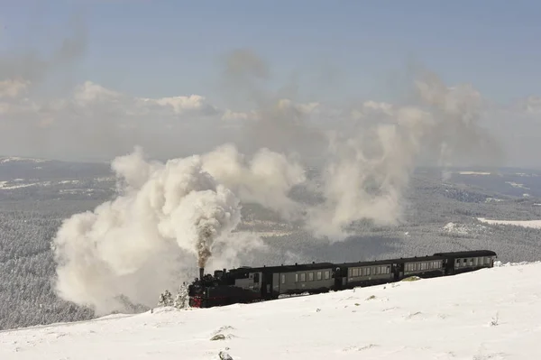 Harz Train Vapeur Étroit Dans Des Nuages Fumée Harz Brocken — Photo