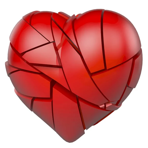 Červené Zlomené Srdce Roztříštěné Kousky Vykreslování Bílém Pozadí — Stock fotografie
