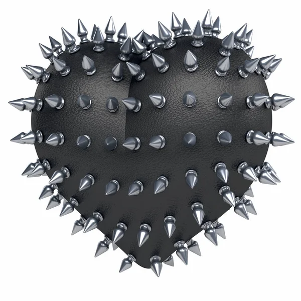 Black Leather Heart Steel Metal Spikes Surface Rendering White Background — 스톡 사진