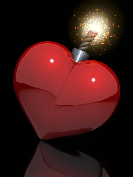 Красное Глянцевое Сердце Классической Форме Бомбы Зажженным Предохранителем Отражающем Черном — стоковое фото