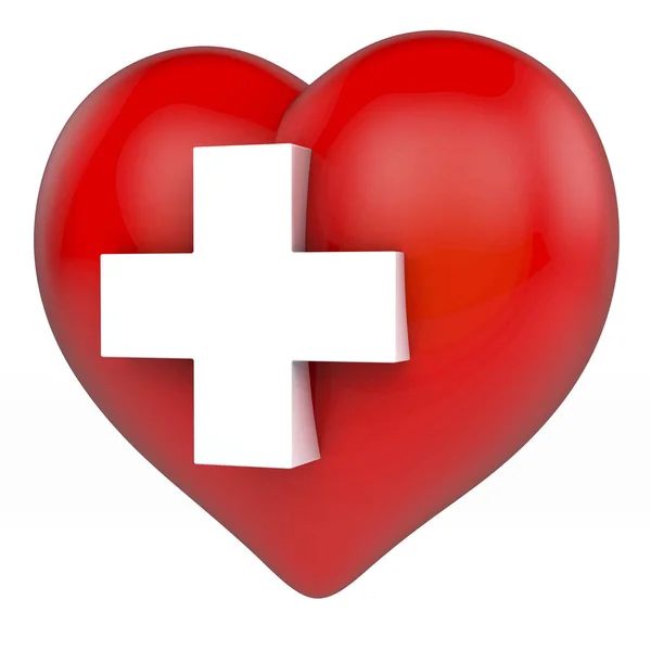 Red Shiny Heart White Cross Top Rendering White Background — Stock Photo, Image