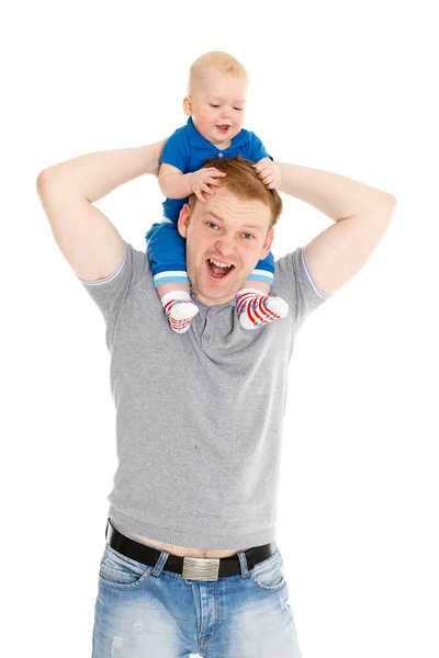 Young Father Little Child White Background Happy Family — Stock Photo, Image