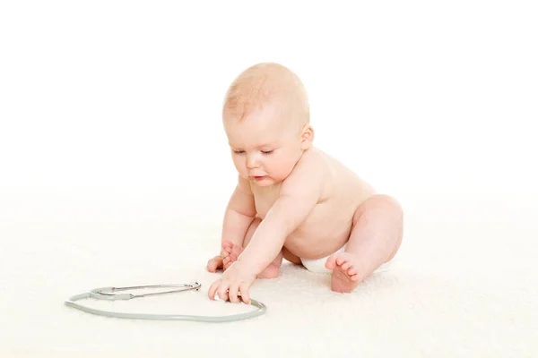 Bébé Doux Avec Stéthoscope Sur Fond Blanc — Photo