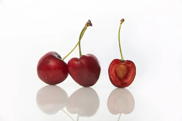Studio Shot Red Cherries White Background One Cut Half — Stok Foto