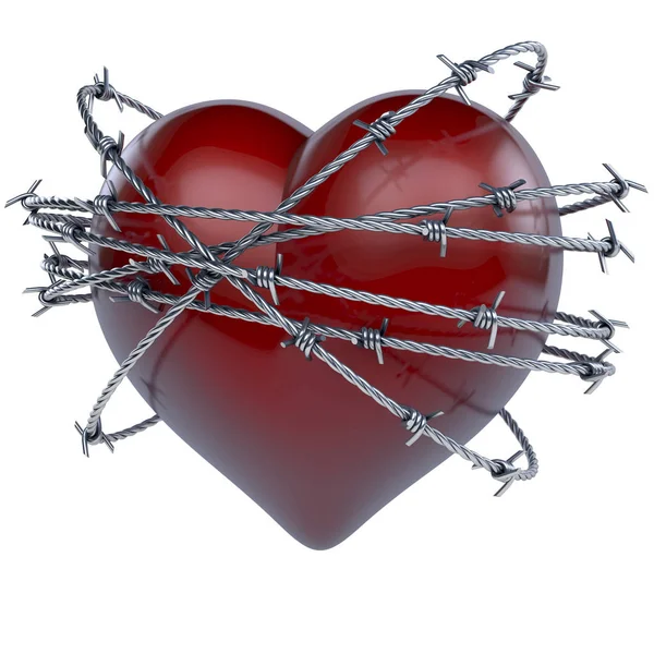 Czerwone Błyszczące Serce Koronowane Owinięte Otoczone Kręgami Drutu Kolczastego — Zdjęcie stockowe