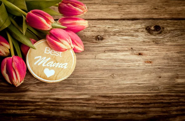 Miglior Biglietto Auguri Mamma Legno Rustico Grunge Con Mazzo Tulipani — Foto Stock