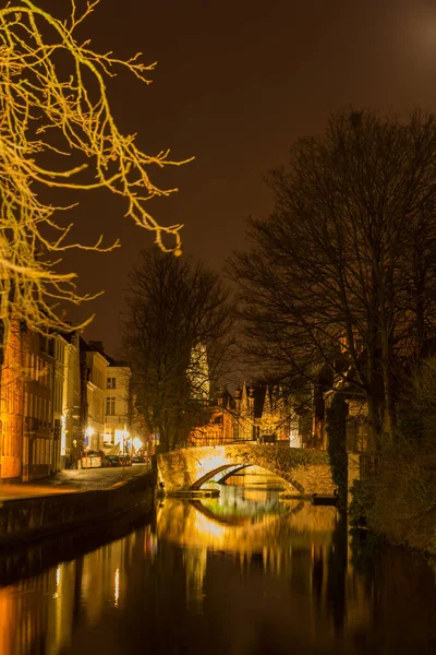 Canal Bruges Night Lighted Bridges — Stock Photo, Image