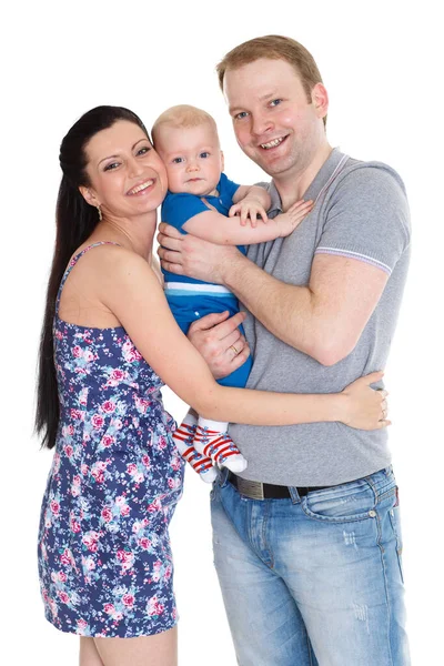 Junge Eltern Mit Ihrem Süßen Kind Stehen Vor Weißem Hintergrund — Stockfoto