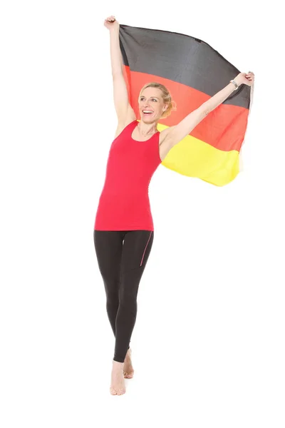 Junge Frau Roten Kleid Springt Mit Erhobenen Armen — Stockfoto