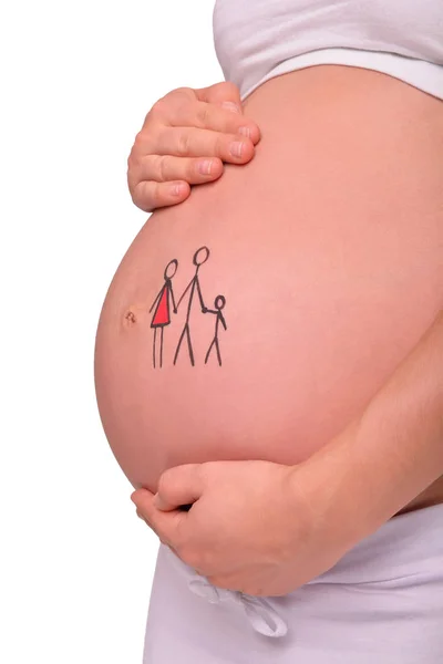 妊娠中のお腹には家族が描かれていて — ストック写真