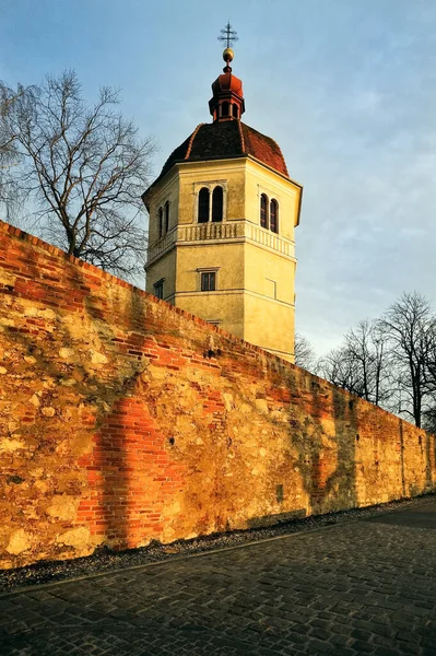 Clocher Graz Avec Mur Bastion Premier Plan — Photo