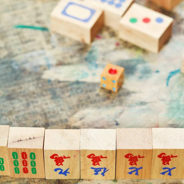 Azulejos Madera Cerca Campo Juego Mahjong Juego —  Fotos de Stock