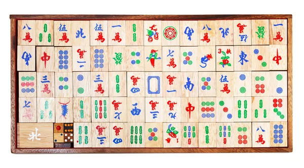 Vista Superior Conjunto Azulejos Madeira Mahjong Jogo Caixa Isolada Fundo — Fotografia de Stock