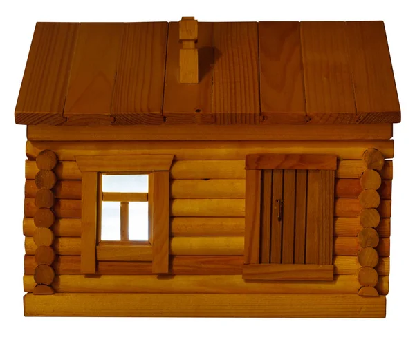 Вид Спереди Модели Деревенского Деревянного Бревенчатого Дома Ночью Изолированного Белом — стоковое фото