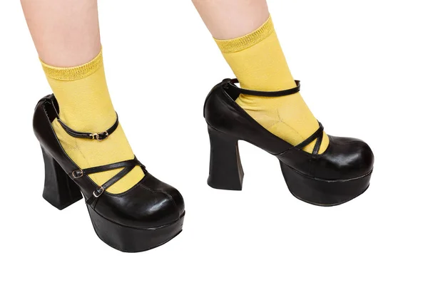 Little Girl Yellow Socks Trying Black Platform Shoes Older Sister — Stock Photo, Image