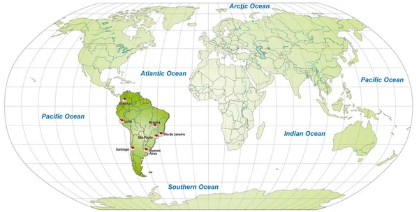 Mapa Jižní Ameriky Hlavními Městy Zelené — Stock fotografie