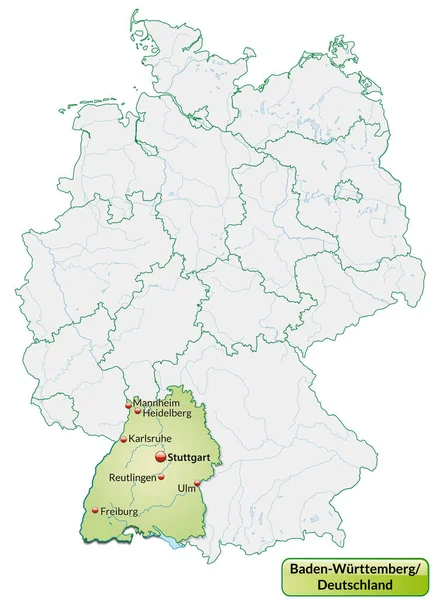 Mapa Baden Wuerttemberg Con Capiteles Verde Pastel —  Fotos de Stock