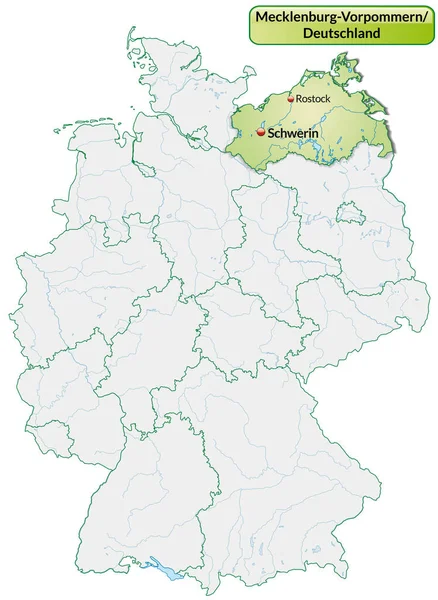 Mecklenburg Vorpommern Térképe Pasztell Zöld Fővárosokkal — Stock Fotó
