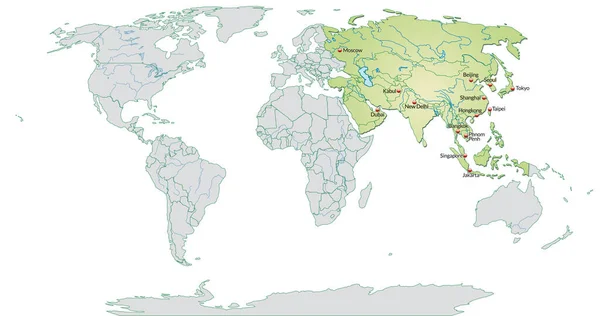亚洲地图 各国首都为淡绿色 — 图库照片