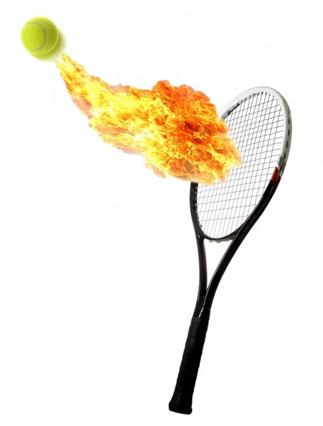 Rachetă Tenis Minge Traseu Flăcări — Fotografie, imagine de stoc