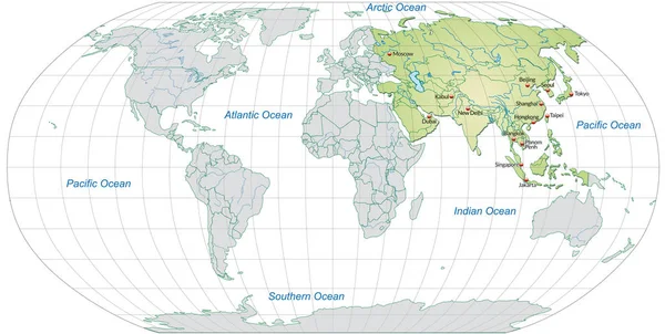 亚洲地图 各国首都为淡绿色 — 图库照片