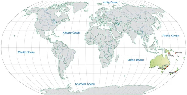 Mapa Australii Stolicami Pastelowej Zieleni — Zdjęcie stockowe