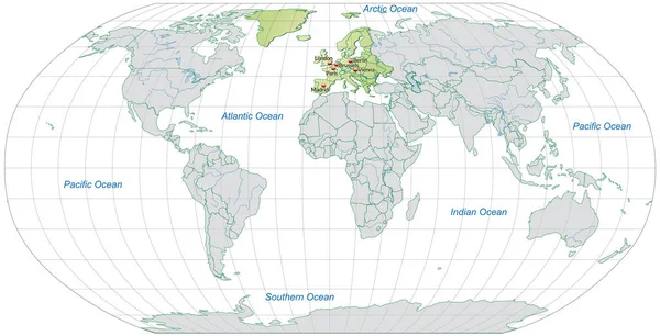Mapa Europa Con Capitales Verde Pastel —  Fotos de Stock
