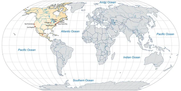 Mappa Nord America Con Principali Città Arancione Pastello — Foto Stock