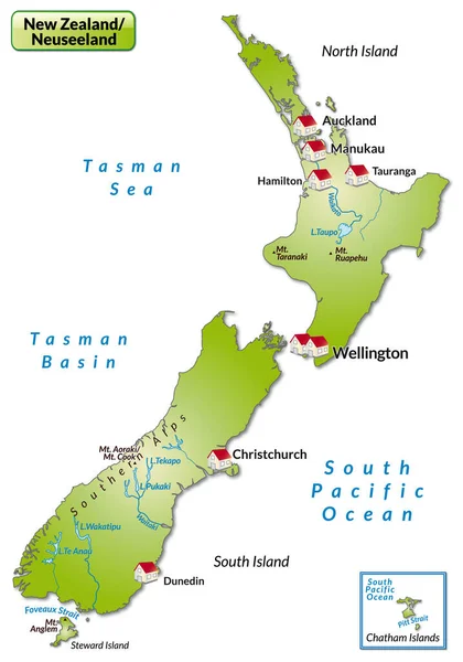 Yeni Zelanda Haritası Yeşilde Bilgi Grafiği Olarak — Stok fotoğraf