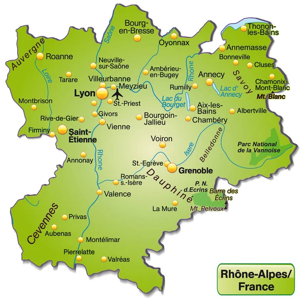 Kaart Van Rhrone Alpes Als Kaart Het Groen — Stockfoto