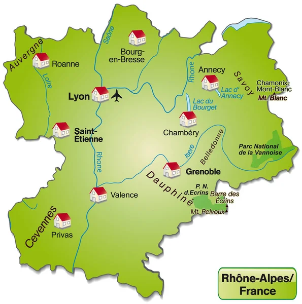 Карта Rhrone Alpes Виде Контурной Карты Зеленого Цвета — стоковое фото