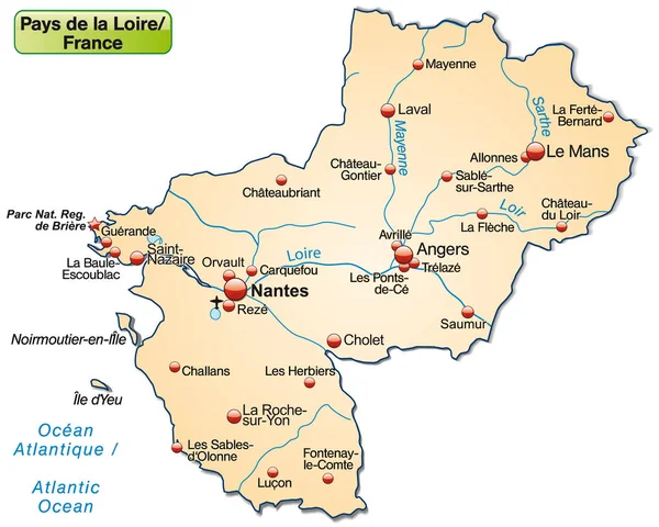 Mapa Pays Loire Jako Přehledová Mapa Pastelové Oranžové — Stock fotografie