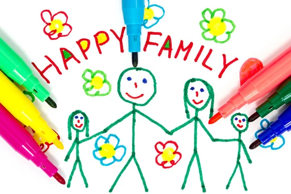 Stylos Feutre Dessin Couleur Une Famille Heureuse — Photo