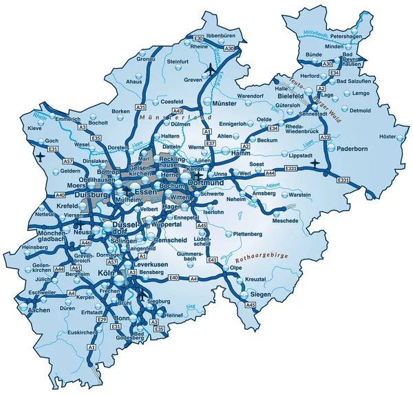 Mapa Renania Del Norte Westfalia Con Red Transporte Azul — Foto de Stock