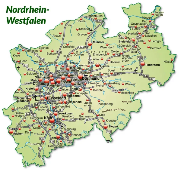 Mappa Della Renania Settentrionale Vestfalia Con Rete Trasporto Verde Pastello — Foto Stock