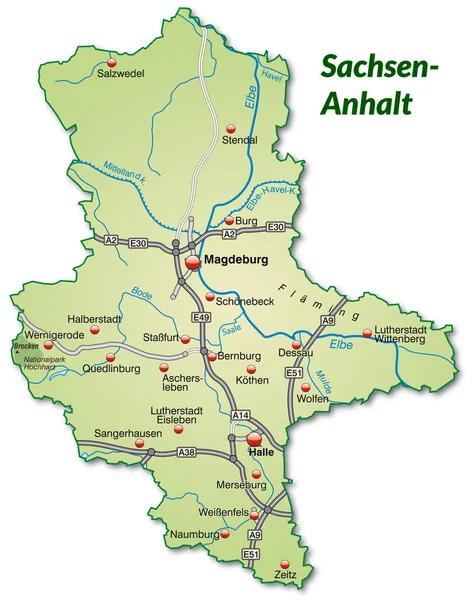 Mapa Saxonia Anhalt Com Rede Transporte Verde Pastel — Fotografia de Stock