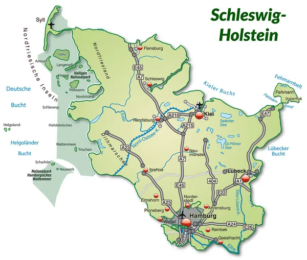 Schleswig Holstein Térképe Pasztellzöld Közlekedési Hálózattal — Stock Fotó