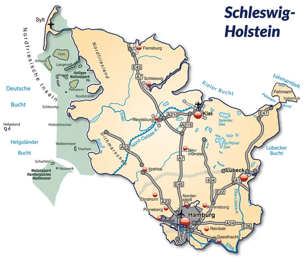 Pastel Portakallı Ulaşım Ağıyla Schleswig Holstein Haritası — Stok fotoğraf