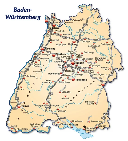 Mapa Baden Wuerttemberg Con Red Transporte Naranja Pastel — Foto de Stock