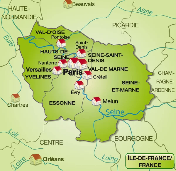 Landkarte Der Ile France Mit Grünen Grenzen — Stockfoto