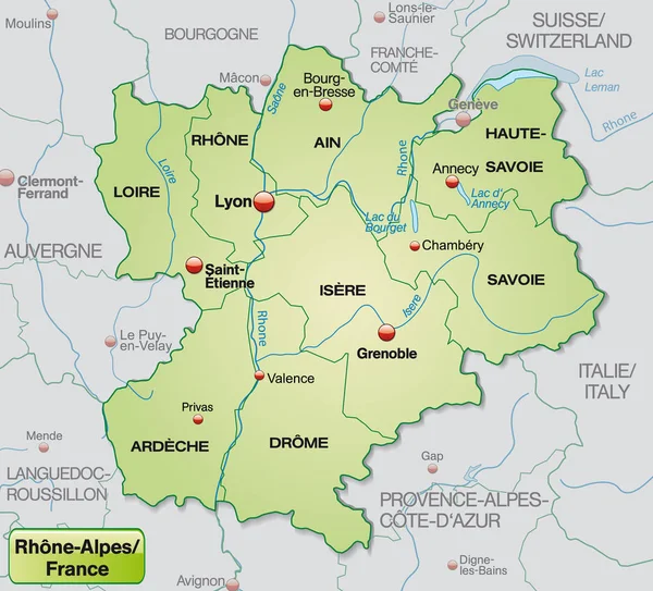 Карта Rhrone Alpes Границами Пастельно Зеленом — стоковое фото