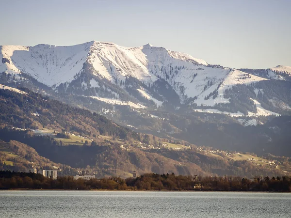 Imagem Constância Lago Bodensee Baviera Alemanha Pôr Sol Com Alpes — Fotografia de Stock