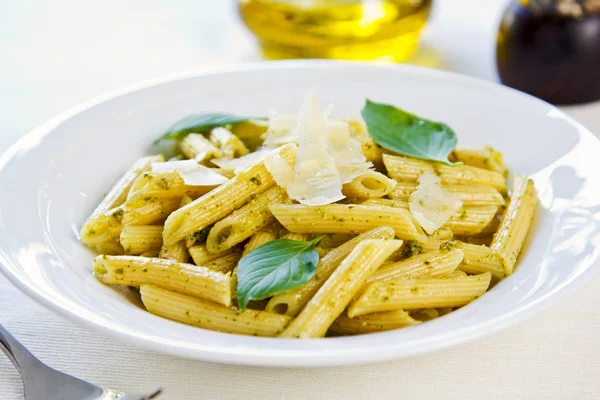 Penne Pesto Sauce Grated Parmesan Top — Stock Photo, Image