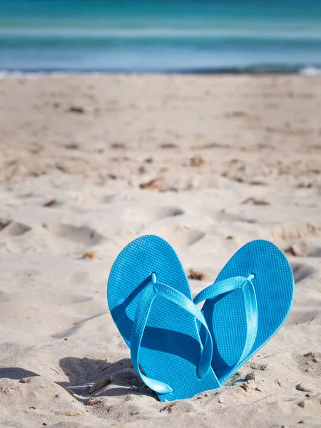 Pair Blue Flip Flops Sand Beach — Stock Photo, Image