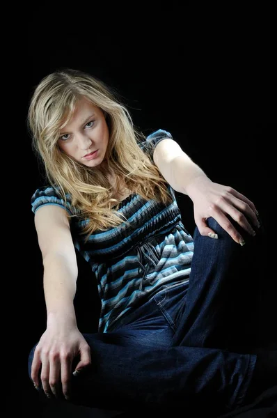 Young Beautiful Blond Depressed Woman Teenager Isolated Black Background — Stok fotoğraf