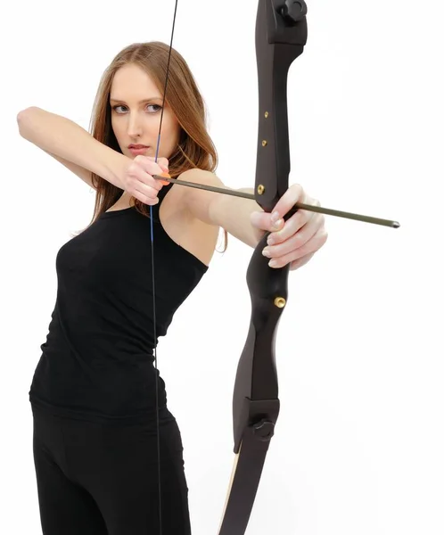 Beautiful Woman Concentrating Aiming Bow Arrow — 스톡 사진